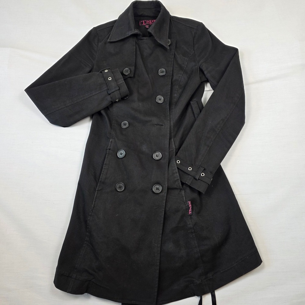 Tripp NYC Trench Coat Womens Small Black Corset Lace Up Goth Punk Vintage Pink - Picture 2 of 16